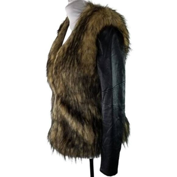 Bardot Womens Faux Fur Leather Long Sleeves Jacket Coat Black Tan Size 6 - Picture 4 of 12